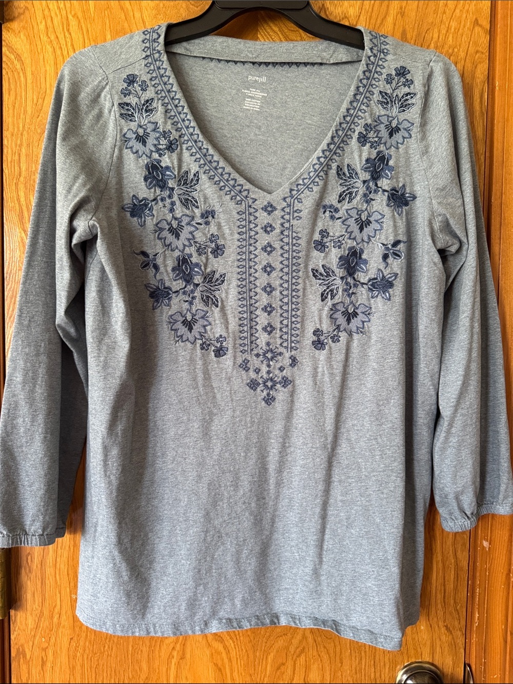 Pure Jill Gray Long Sleeve V-Neck Top with Navy Embroidery